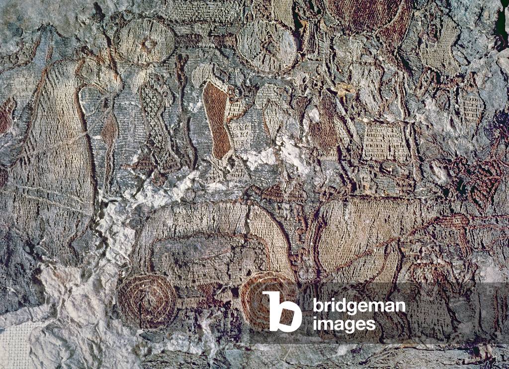 Detail of an animal pulling a cart, from a tapestry found with the Oseberg ship (textile)