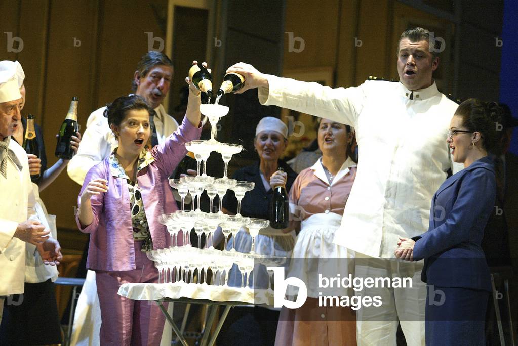 The Elixir of Love: scene from the opera by Gaetano Donizetti with Natalie Christie as Adina and David Kempster as Belcore at the Welsh National Opera, 2003