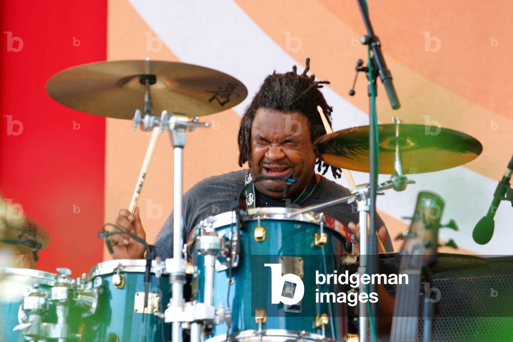 Poogie Bell playing the drums as part of Marcus Miller's band at the Pori Jazz Festival, Finland 2003.