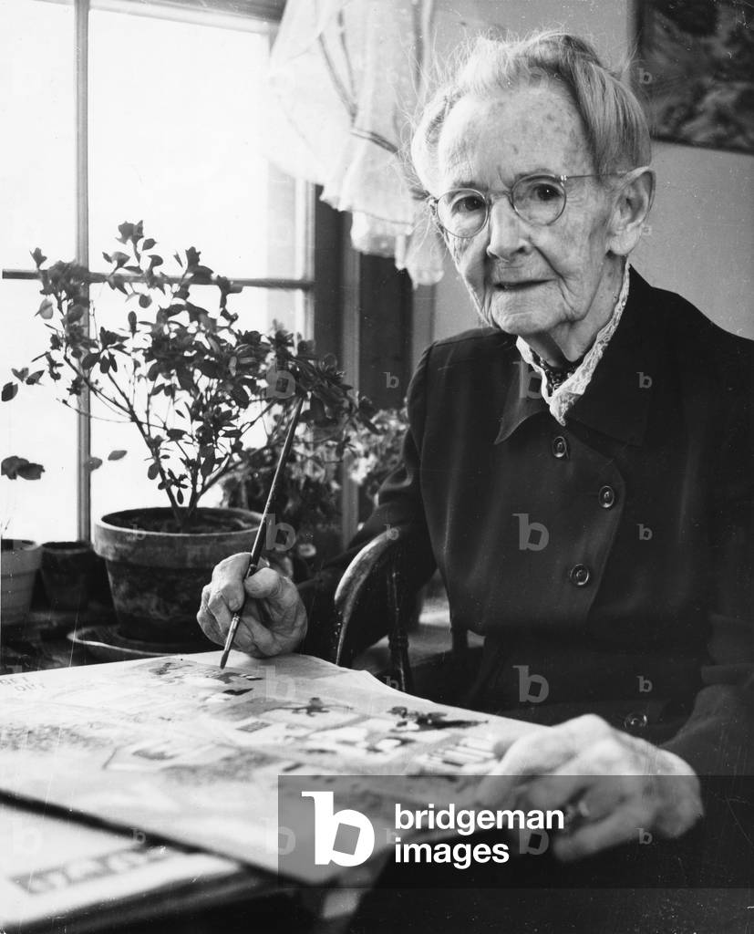 Grandma Moses at Work, 1958 (b/w photo)