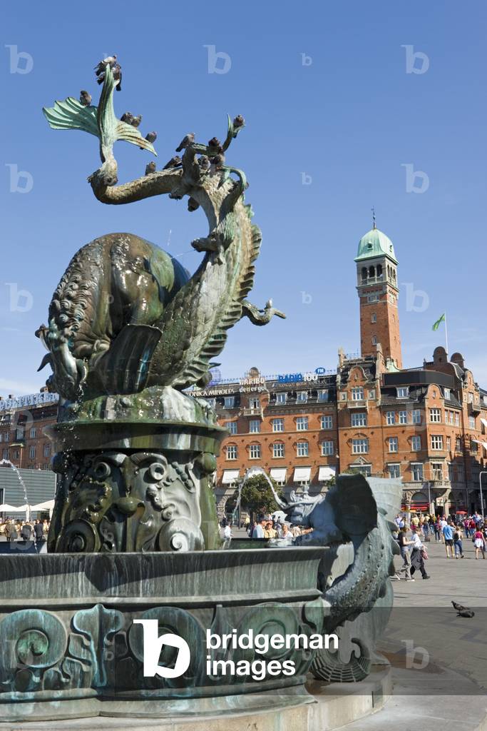 Dragespringvandet, or Bull and Dragon fountain, in Radhuspladsen, Copenhagen, Denmark (photo)