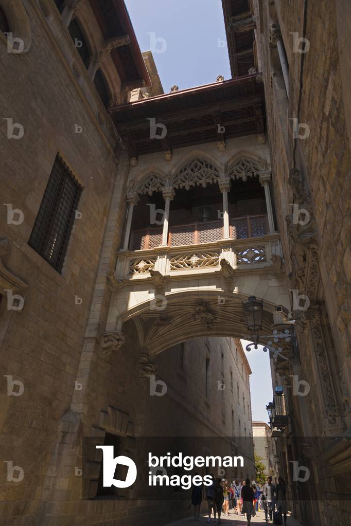 Barcelona, Spain.  Carrer del Bisbe in the Gothic Quarter.