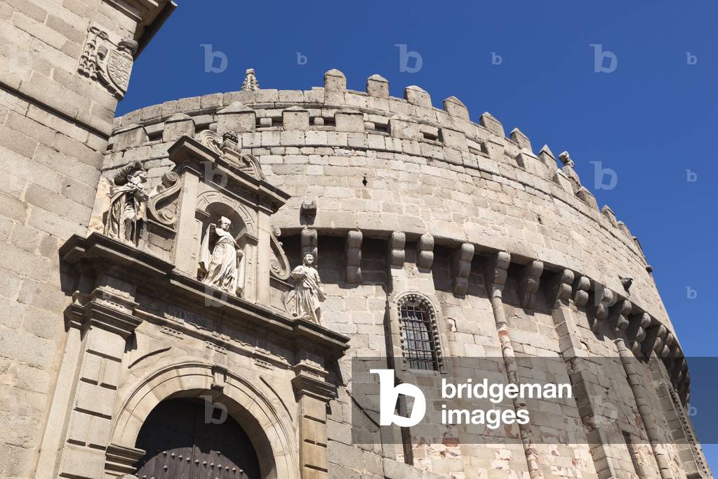 Avila, Avila Province, Spain.  The apse of the Romanesque-Gothic cathedral which was built partly as a fortress.  The apse is a fortified tower embedded into the defensive town walls. (photo)