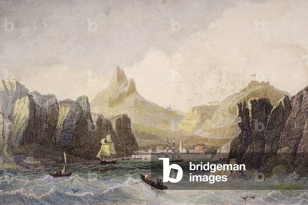 Bild von Gravur "St. Helena Island (Gravur)", 19. Jahrhundert von English School, b/w