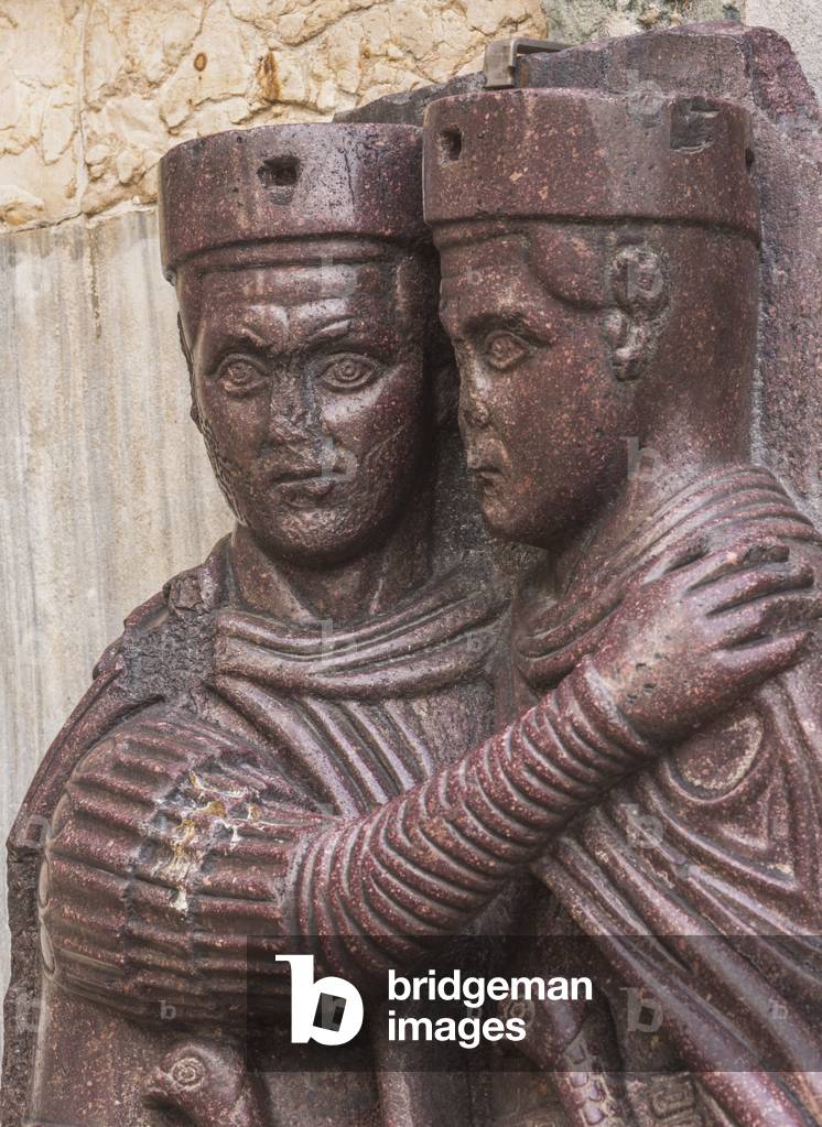 Detail of the porphyry sculpture group outside St Mark's Basilica of four Roman emperors, Venice, Veneto Region, Italy (photo)