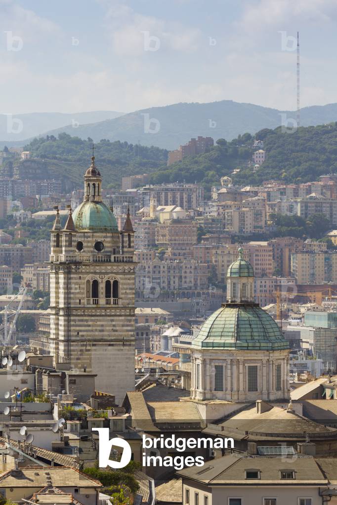 Dome and tower of Cathedral of San Lorenzo seen from top of Porta Soprana, San Lorenzo, Genoa, Italy (photo)