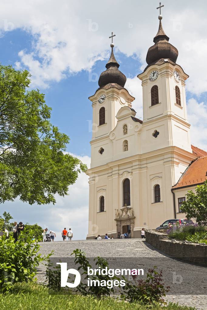 17th century Baroque church built on site of the 10th century Benedictine Abbey, Tihany village on shores of Lake Balaton, Tihany Peninsula, Hungary (photo)