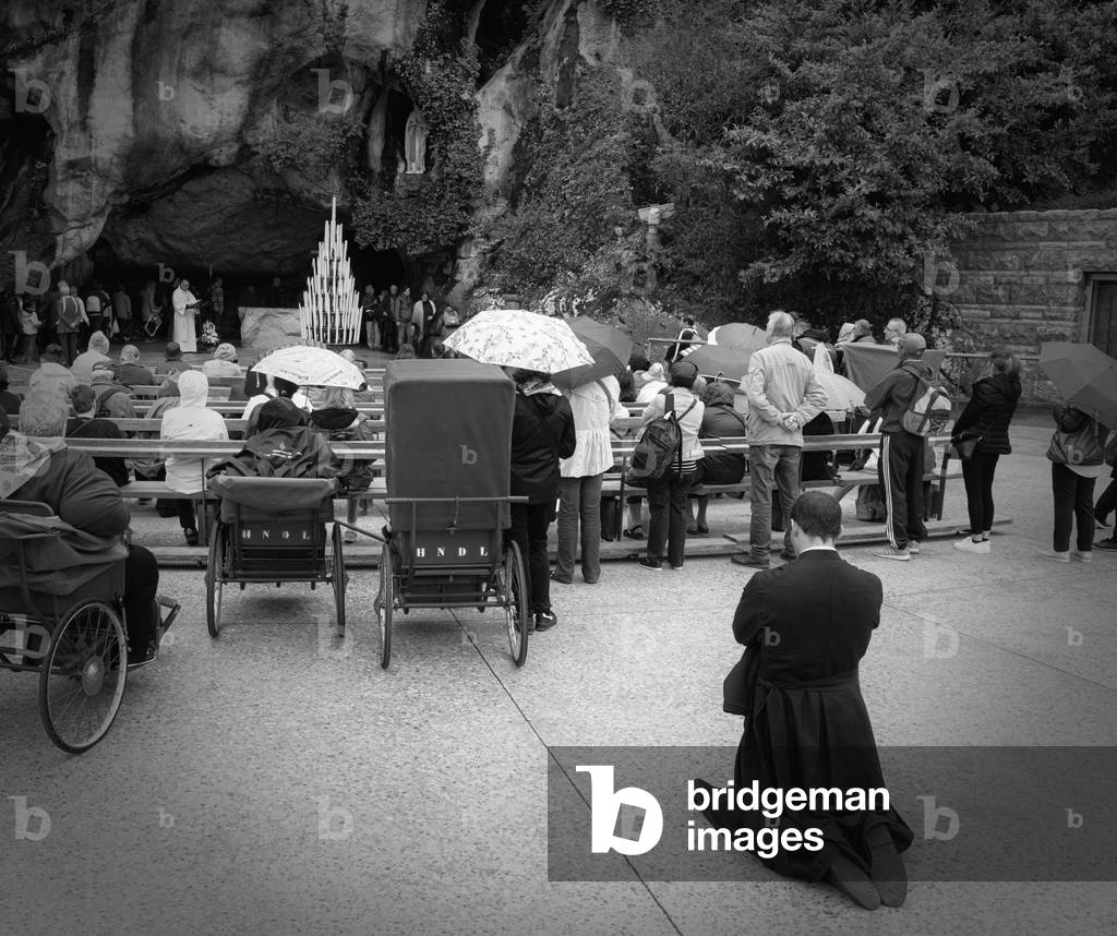 Sanctuary of Our Lady of Lourdes, Lourdes, Hautes-Pyrénées department, Oc, France, 2019 (b/w photo)