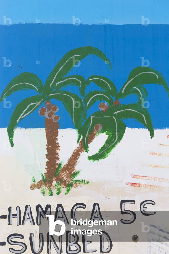 Hand painted advertisement for renting sunbeds on the beach, La Cala de Mijas, Costa del Sol, Malaga Province, Andalusia, Southern Spain (photo)