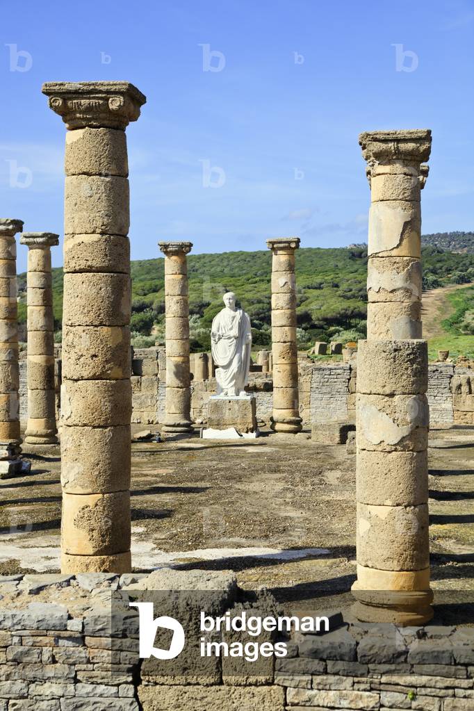 Statue of the Emperor Trajan in the Basilica beside the Forum, Roman ruins of Baelo Claudia, at Bolonia, Cadiz Province, Spain