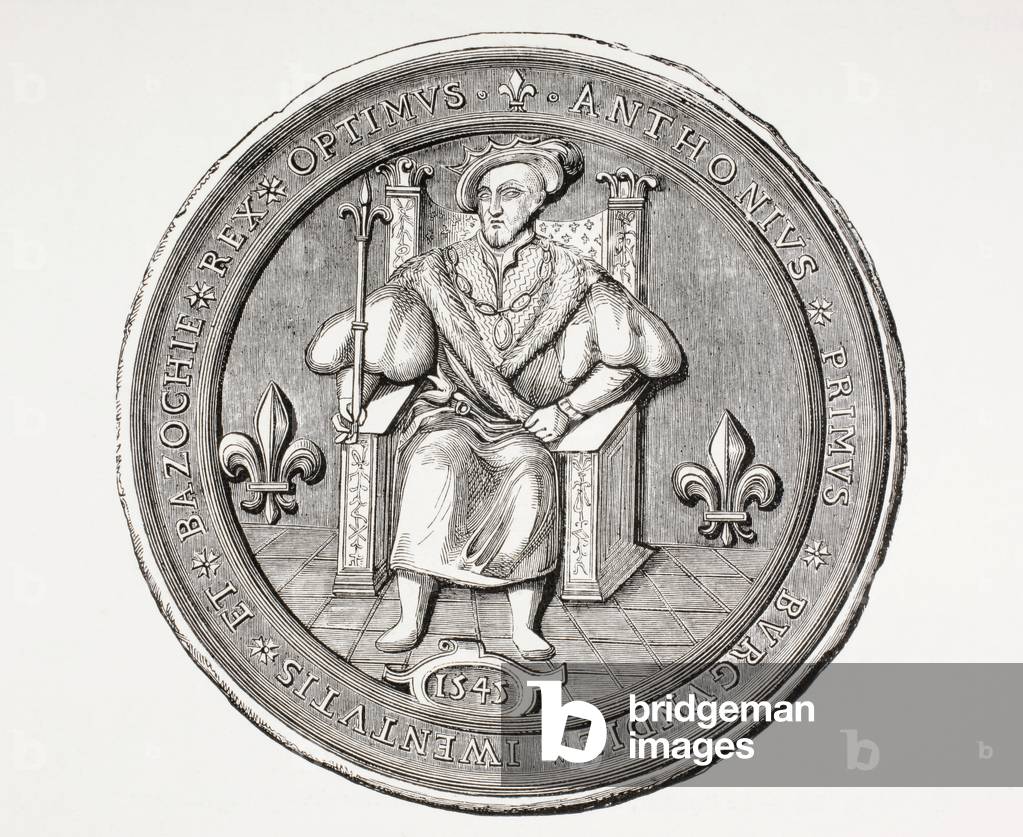 Bild von Druck "Seal of the King of the Basoche", 1873 von French School, b/w