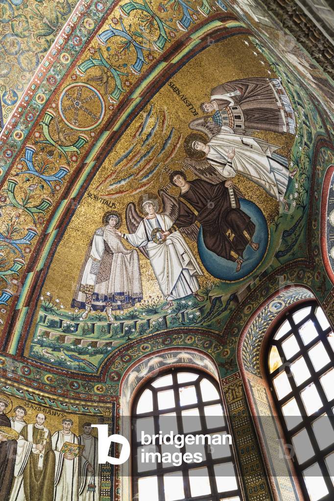 Mosaic in apse of San Vitale of Christ flanked by two angels and St. Vitalis and Bishop Ecclesius, Ravenna, Ravenna Province, Italy (photo)