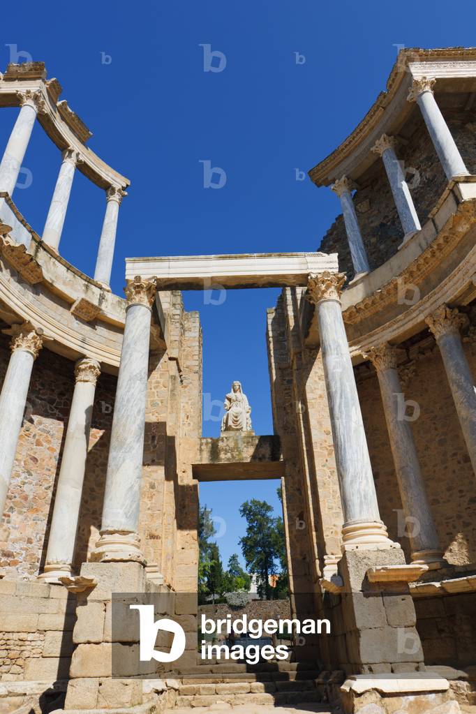The Roman theatre built in the first century BC. Colonnade behind the stage, Merida, Badajoz Province, Spain