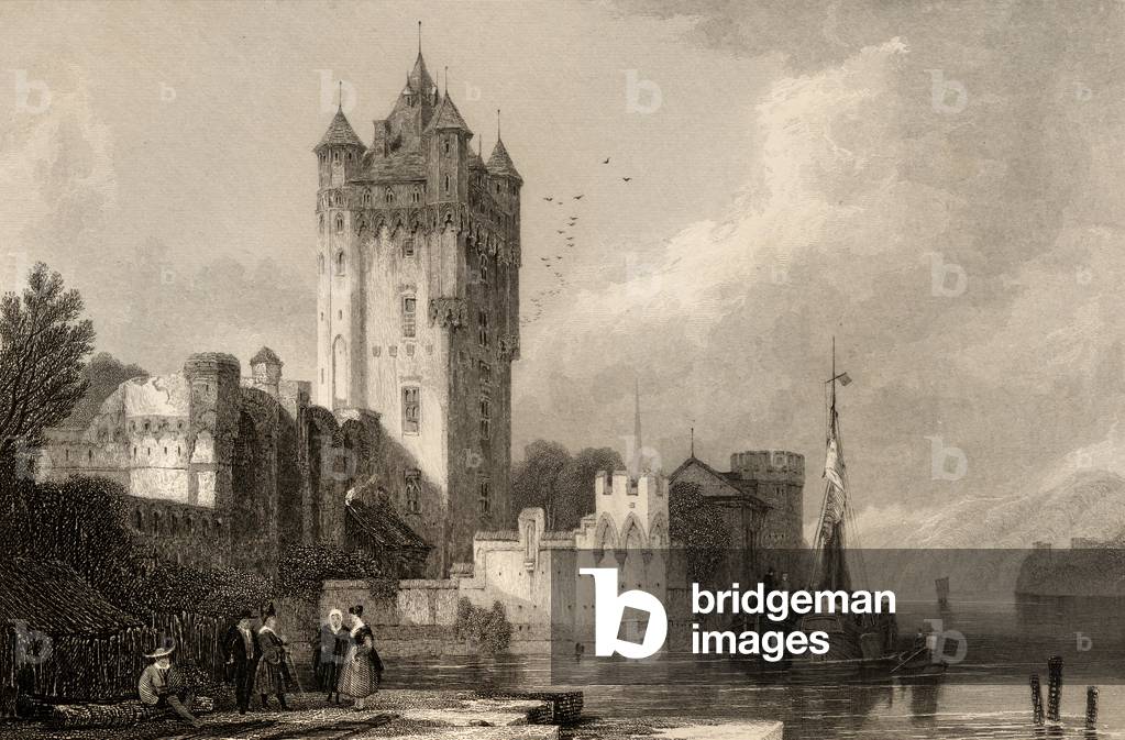 "Die gotischen Türme von Ellfield", 1840 von David Roberts, b/w