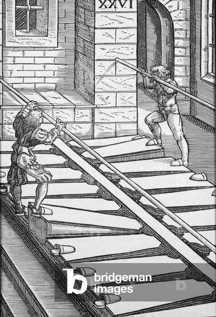 Organo soffietti e soffiatori nella Cattedrale di Halberstadt, dal 'Praetorious Syntagma Musicum', pub. nel 16