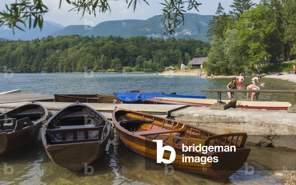 Bathers enjoying a dip in the lake, Lake Bohinj, Triglav National Park, Upper Carniola, Slovenia (photo)