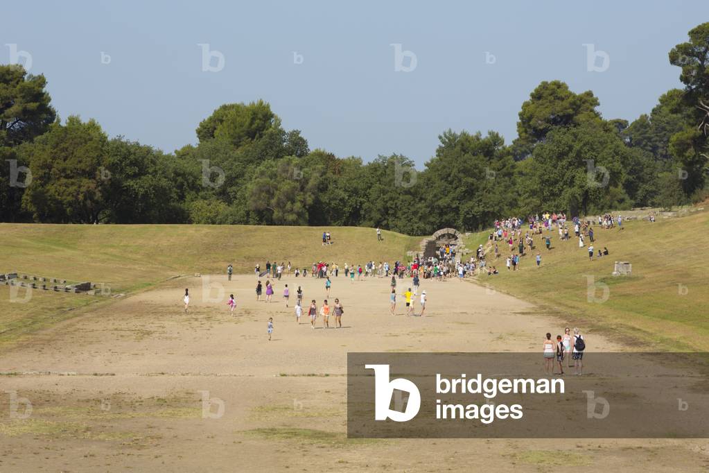 Olympia, Peloponnese, Greece.  Ancient Olympia. The stadium where athletic events were held.  Ancient Olympia is a UNESCO World Heritage Site. (photo)