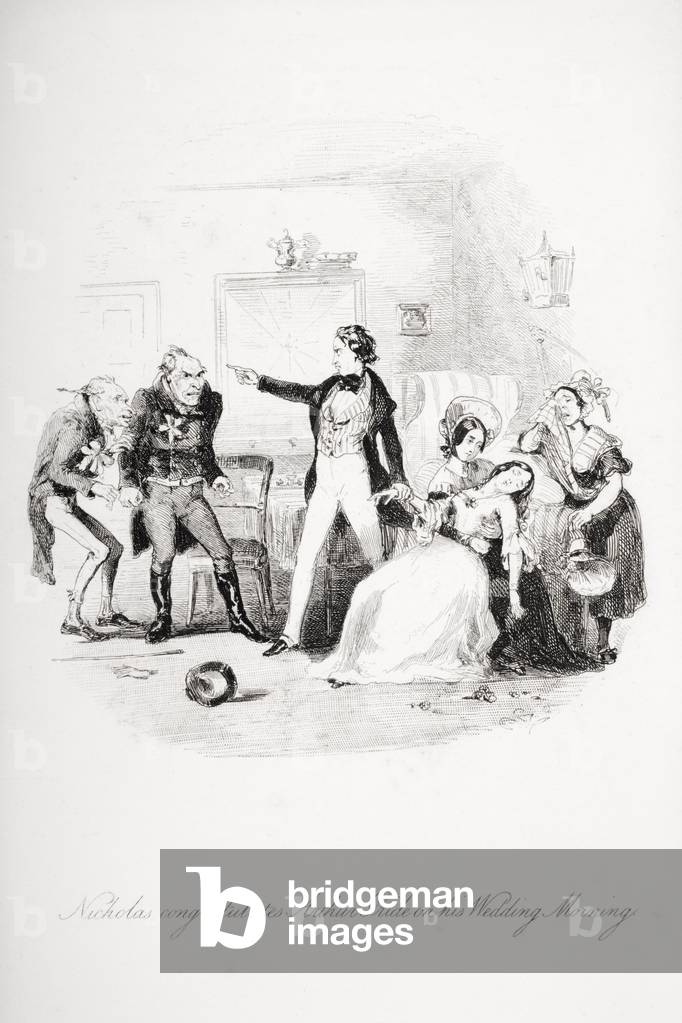 Bild von Druck "Illustration für Charles Dickens' Nicholas Nickleby", 1839 von Hablot Knight Browne, b/w