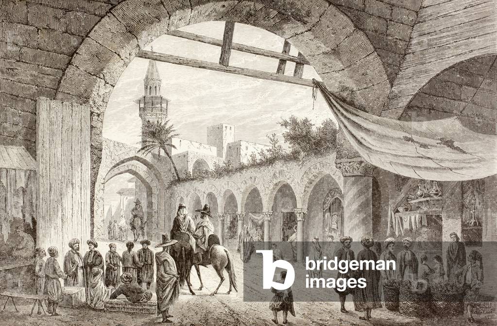 Bild von Druck "Blick auf einen Basar in Tunis", 20. Jahrhundert von English School, b/w
