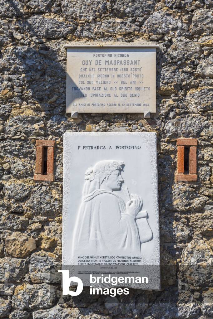 Portofino, Genoa Province, Liguria, Italian Riviera, Italy.  Plaques commemorating visits by writers Petrarch and Guy de Maupassant (photo)