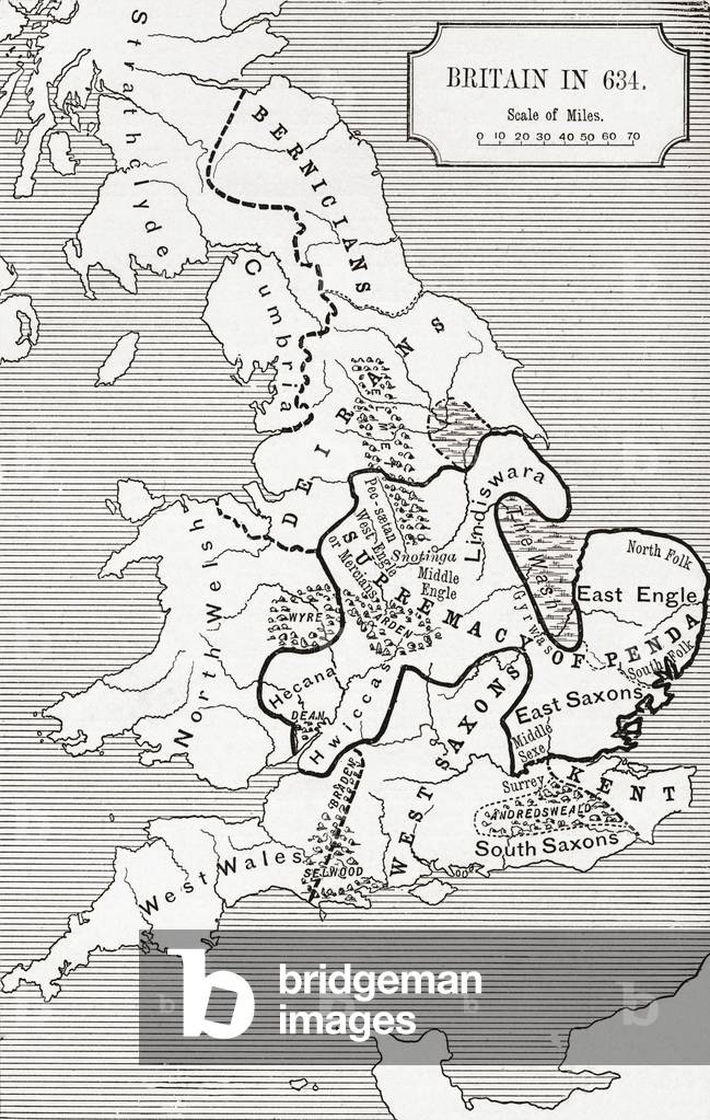 Map of Britain in 634, from The Northumbrian Kingdom 588 to 685 in 'A Short History of the English People' by 