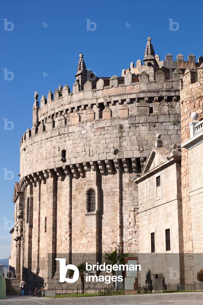 Avila, Avila Province, Spain.  The apse of the Romanesque-Gothic cathedral which was built partly as a fortress.  The apse is a fortified tower embedded into the defensive town walls.