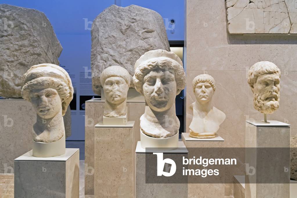 Display of marble heads, Roman era, 2018 (photo)