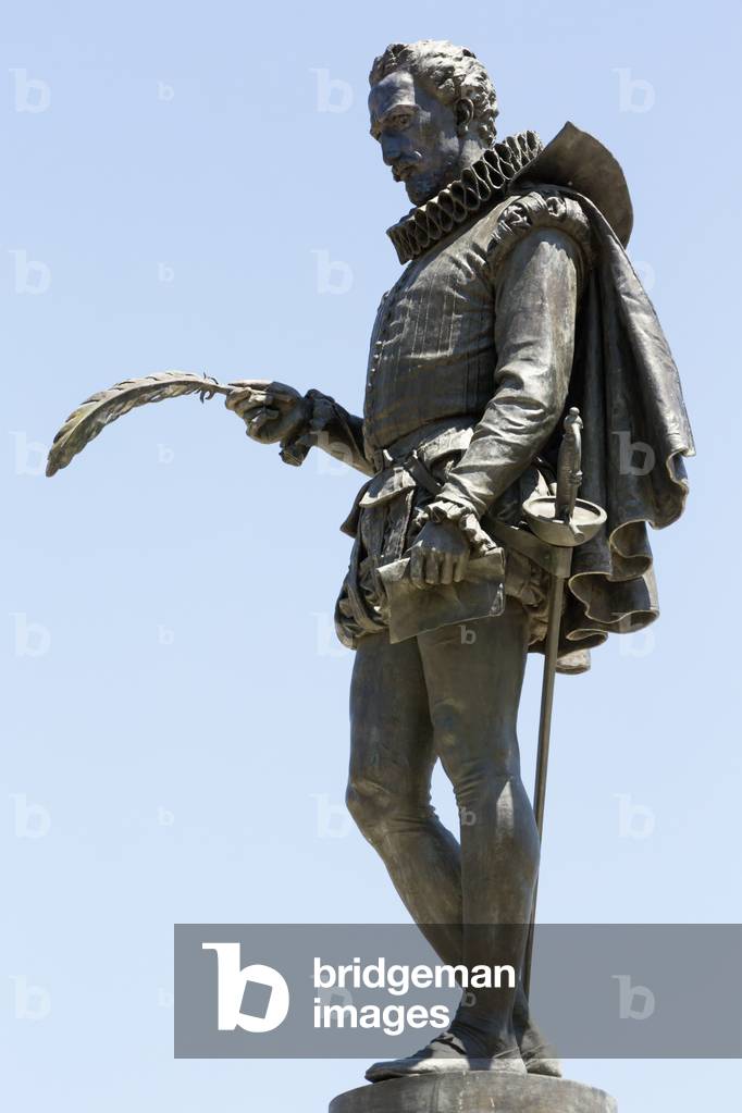 Statue of Miguel de Cervantes dating from 1879, a work by Italian sculptor Carlos Nicoli, Alcala de Henares, Madrid Province, Spain (photo)