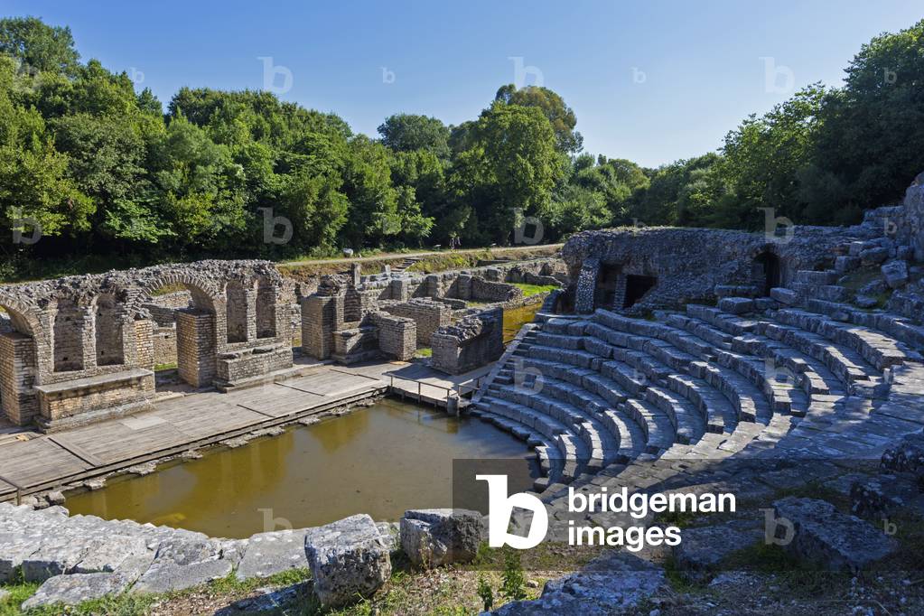 Albania.  Butrint or Buthrotum archeological site; a UNESCO World Heritage Site. The theatre.  A rising water table has flooded the orchestra.