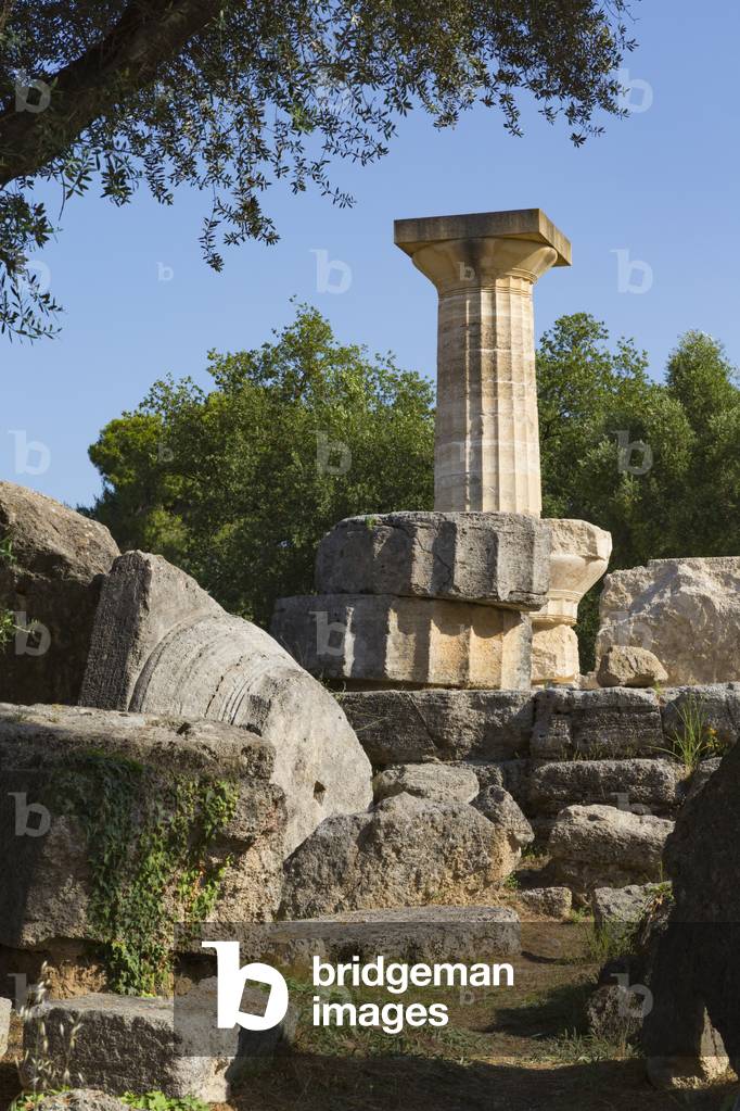Olympia, Peloponnese, Greece.  Ancient Olympia.  Ruins of the 5th century BC Doric order Temple of Zeus.  Ancient Olympia is a UNESCO World Heritage Site. (photo)