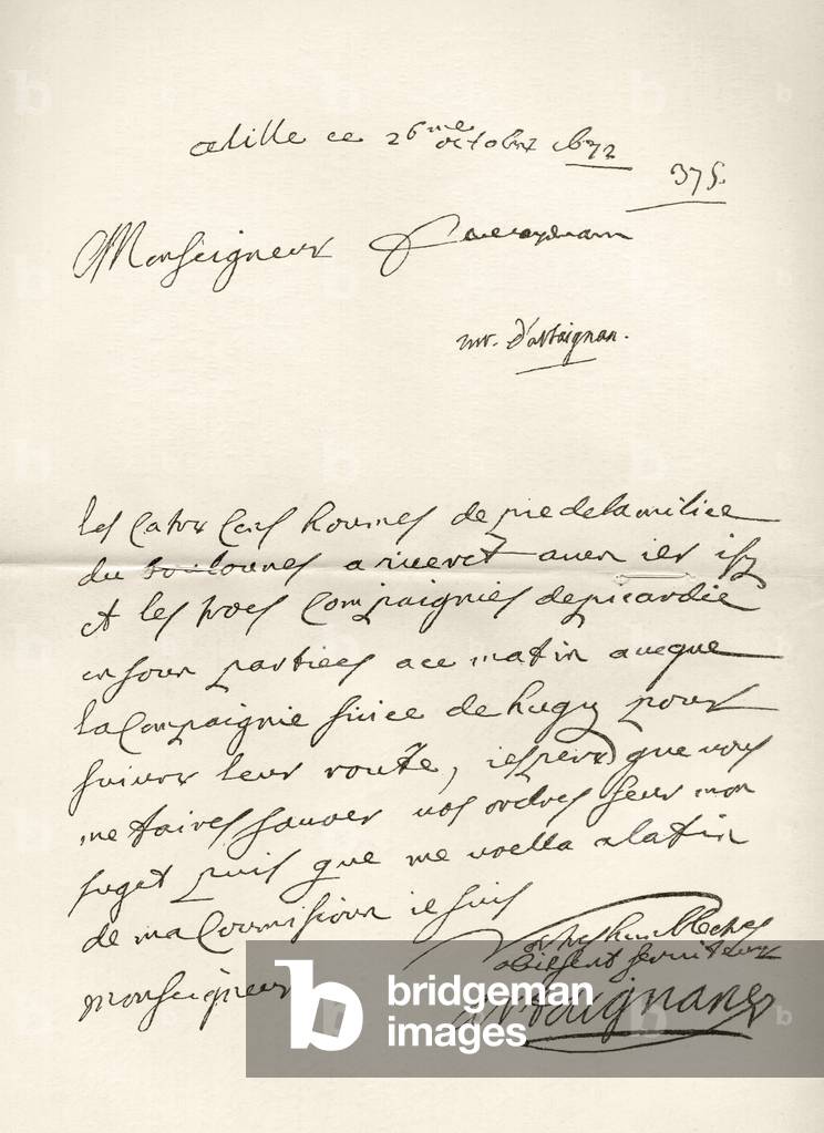 Letter from d'Artagnan to Louvois concerning a military matter, dated 1672, from 'Memoires de Charles de Batz-