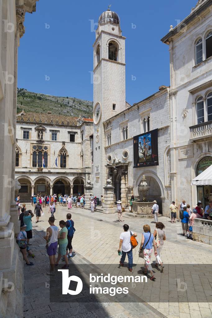 Pred Dvorom street in the old city, belltower at the end of the street, Dubrovnik, Croatia (photo)
