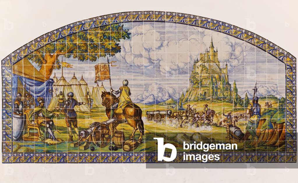Segovia, Segovia Province, Spain. Modern ceramic tile painting of Segovia at the time of the Revolt of the Comuneros 1520-1521. (photo)