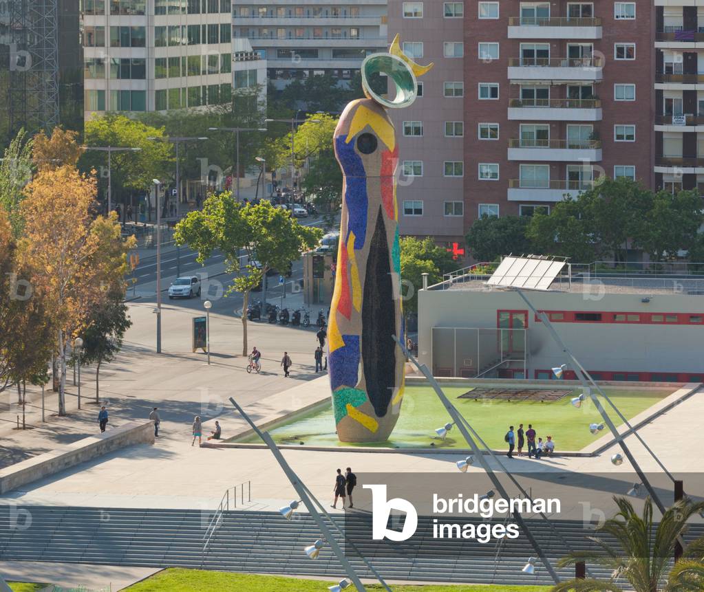 Barcelona, Spain. Parc de Joan Miro and the Miro sculpture Dona i Ocell - Woman and Bird.