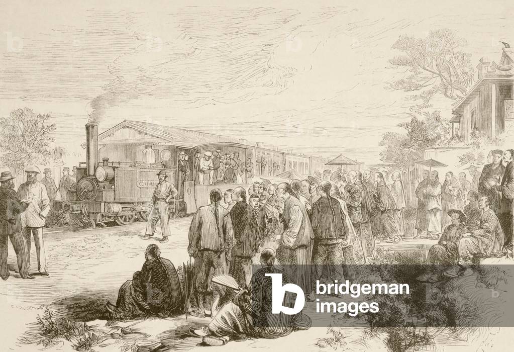 Image of Print depicting An early Chinese railway c.1880 (litho), 20th century by English Artist, b/w