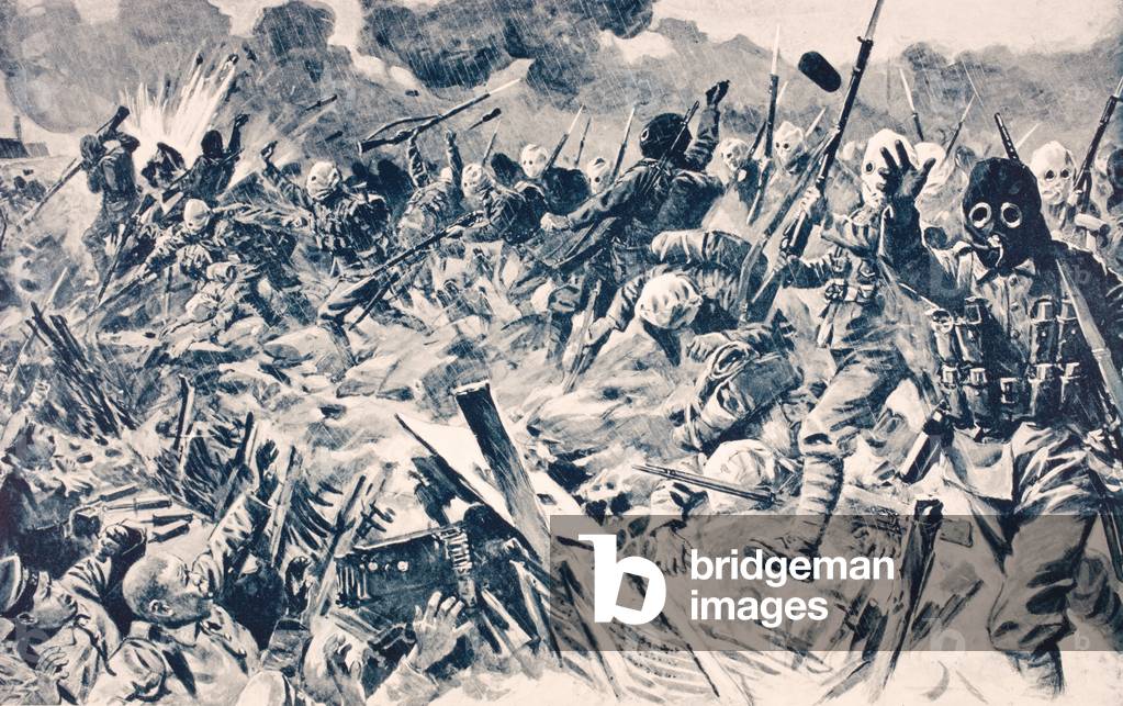 Immagine di Stampa "Le truppe britanniche con maschere antigas caricano trincee tedesche a Loos", 1915 di Engl