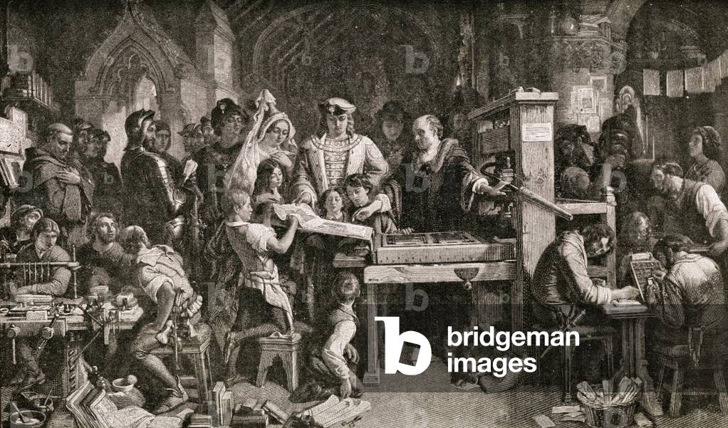 Caxton (c.1422-91) showing specimens of his printing to King Edward IV at the Almonry in Westminster 1858 by E