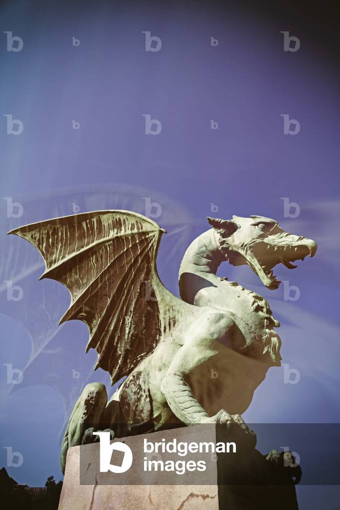 Ljubljana, Slovenia.  Bronze Dragon on the Art Nouveau Dragon Bridge.