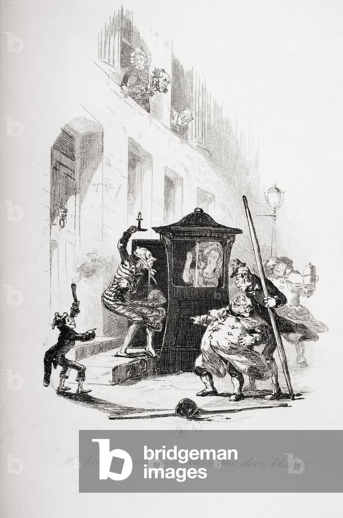 Herr Winkles Situation, als die Tür zu sprengte, Illustration von 'The Pickwick Papers' von Charles Dickens (1