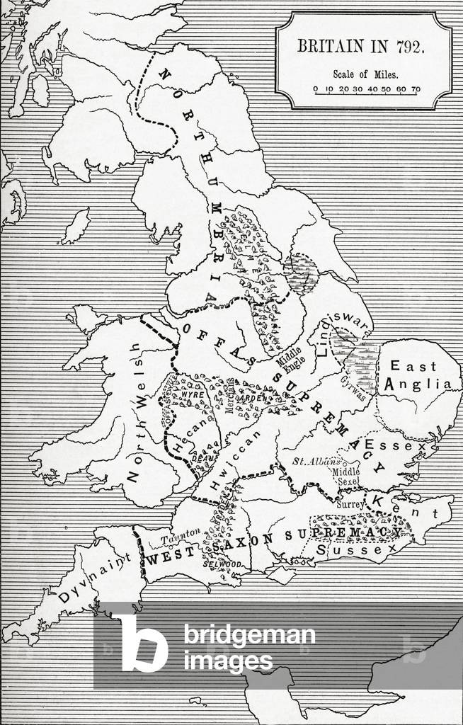 Map of Britain in 792, from The Three Kingdoms 685 to 828 in 'A Short History of the English People' by J. R. 
