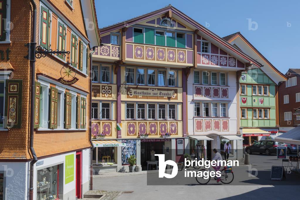 Appenzell, Appenzell Innerrhoden Canton, Switzerland.  Typical architecture in Sternenplatz.