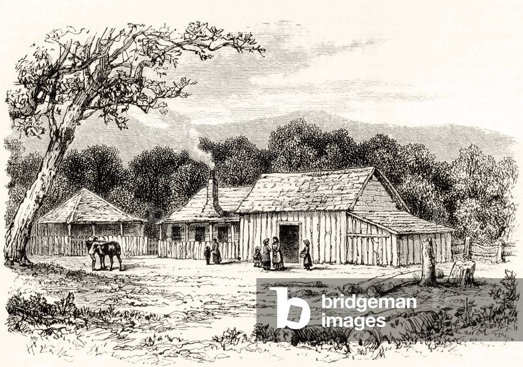Bild von Druck "A Squatter's Station", 1886 von English School, b/w