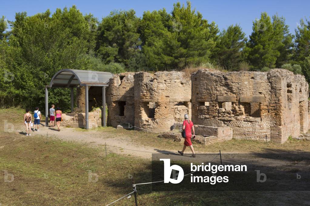 Olympia, Peloponnese, Greece.  Ancient Olympia.  The Leonidaion Thermae or baths, dating from the 3rd to 6th centuries AD.  Ancient Olympia is a UNESCO World Heritage Site. (photo)