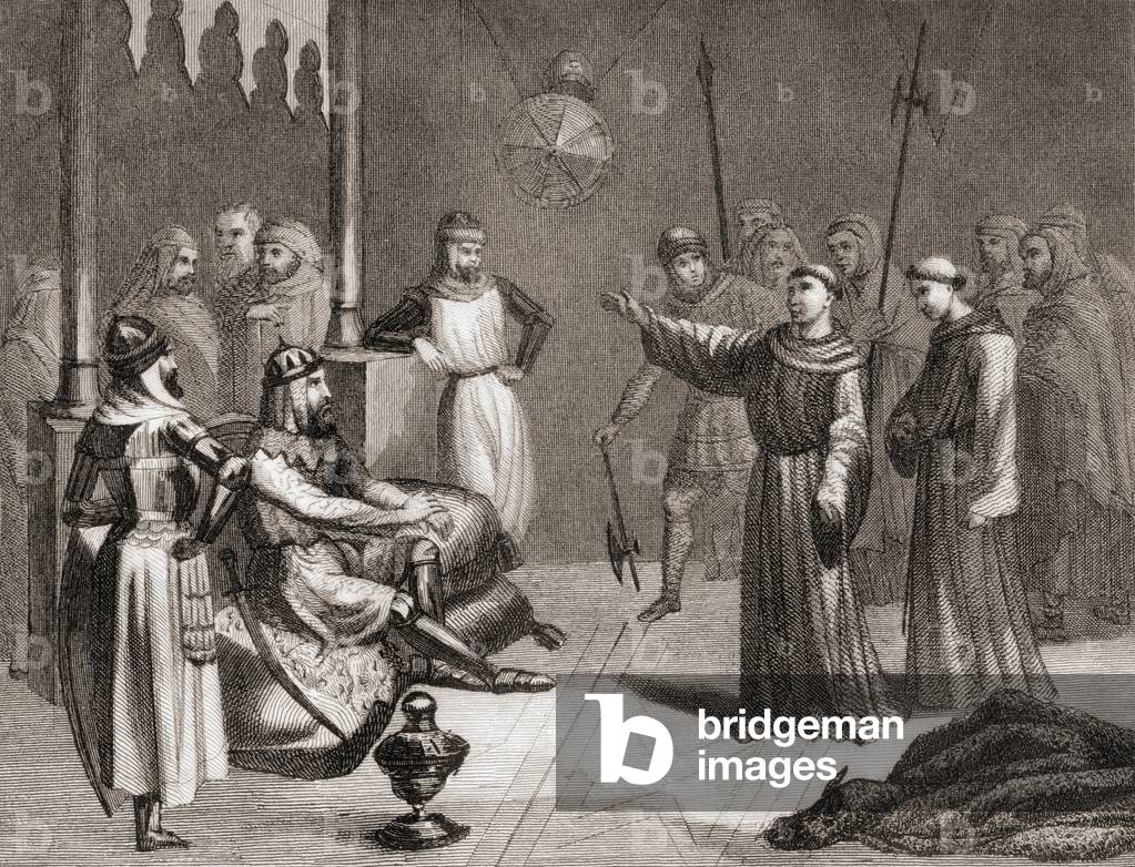 San Francisco von Assisi versucht, Melek-el-Kamel zum Christentum während des fünften Kreuzzugs (Litho) zu kon