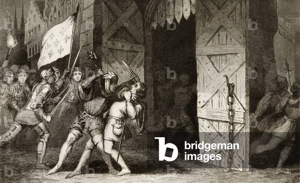 "Cavalieri francesi attaccano una città inglese tenuta durante la guerra dei 100 anni", 19th Secolo di French 