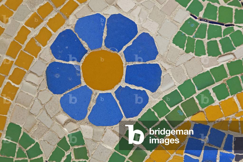 Barcelona, Spain.  Mosaic work on facade of Palau de la Música Catalana. Modernista building by Lluís Domènech i Montaner.  Palace of Catalan Music.