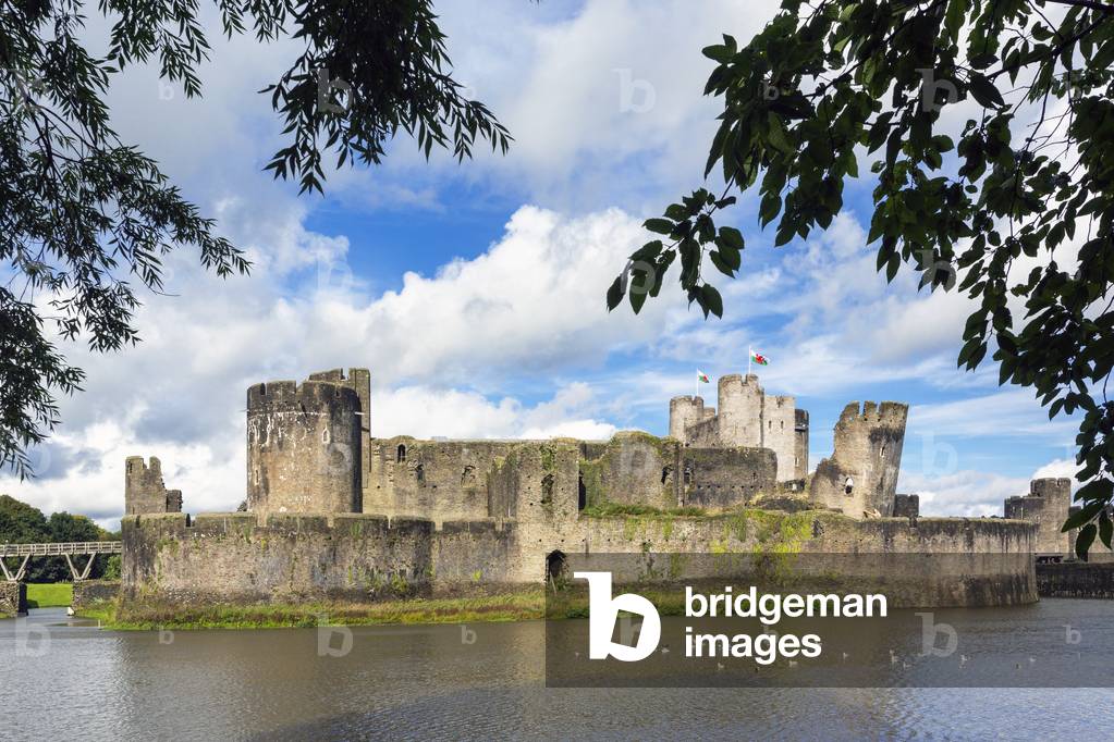 Caerphilly, Wales.  The castle and moat.