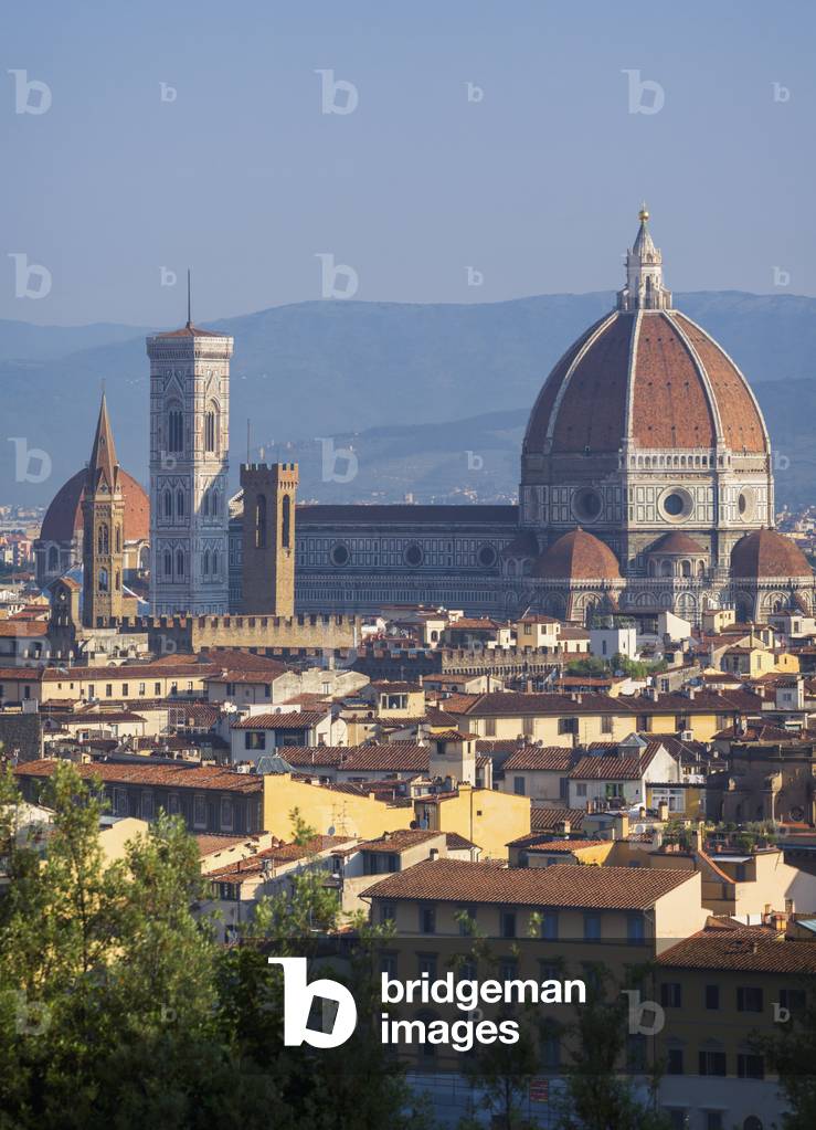 Florence, Tuscany, Italy.  View over the city to the Duomo - Cattedrale di Santa Maria del Fiore - and Campanile from the Piazzale Michelangelo. (photo)
