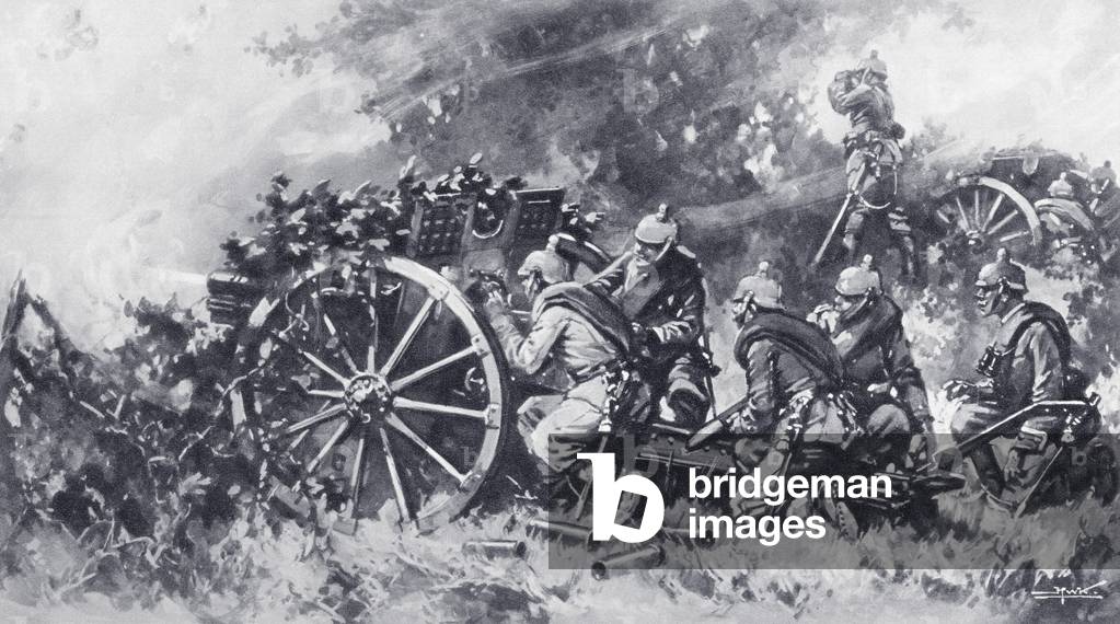Immagine di Stampa "Fucili da campo tedeschi in azione durante la Prima Guerra Mondiale - una batteria mascher