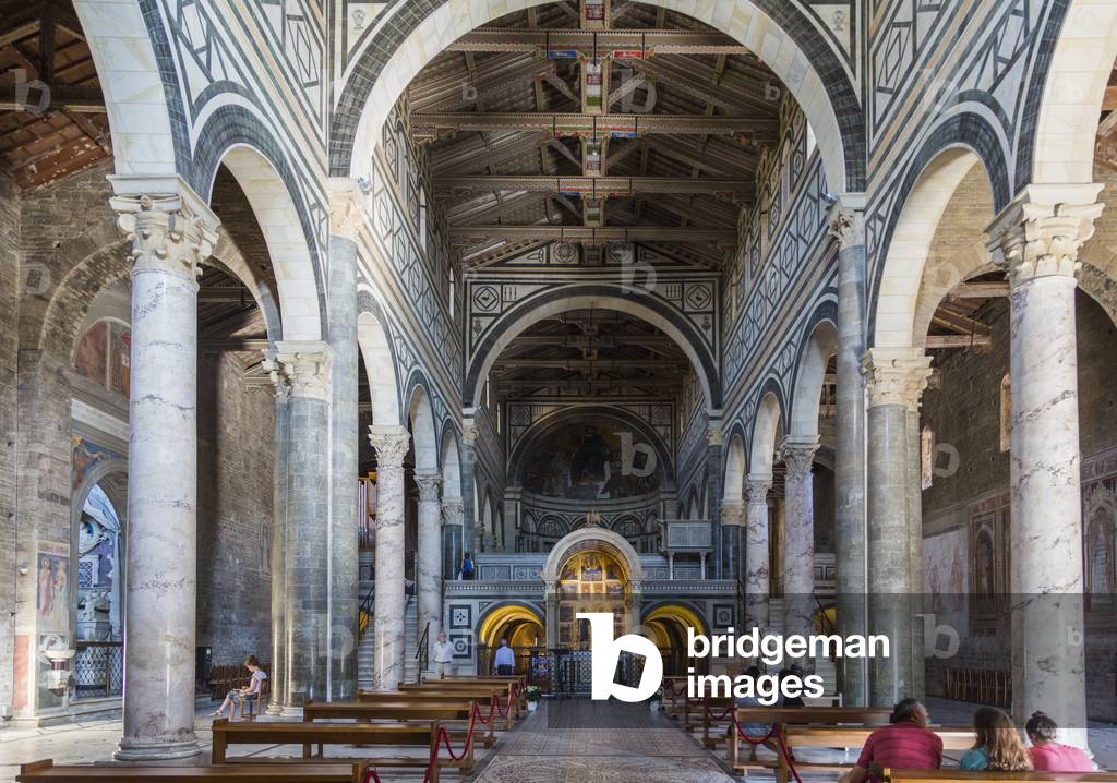 Florence, Tuscany, Italy.  San Miniato al Monte.  Interior. The church is considered one of the finest examples of Romanesque architecture in Italy. (photo)